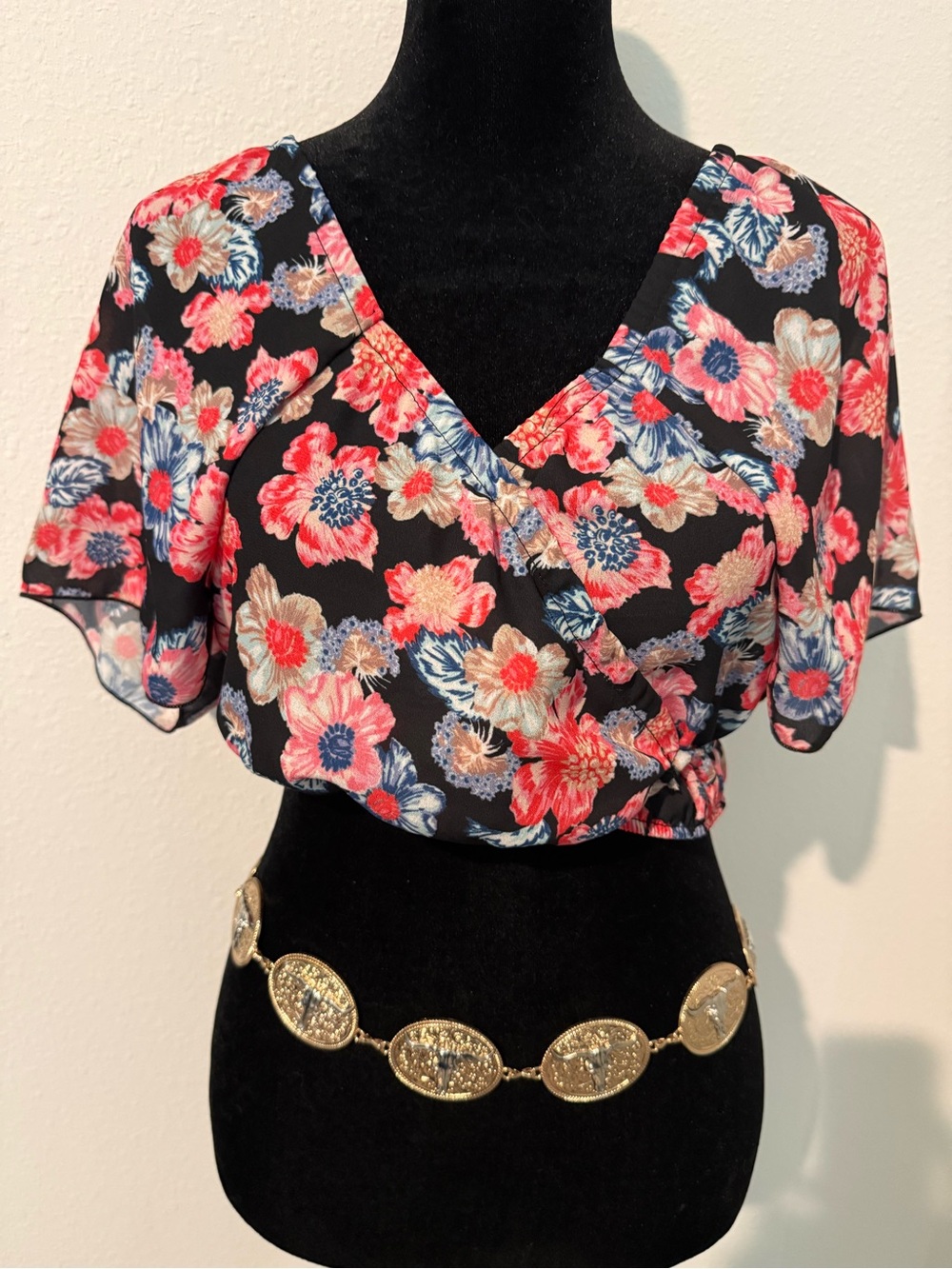 Floral Wrap Crop Top - Black with Pink & Blue Flowers by Nova Vintage